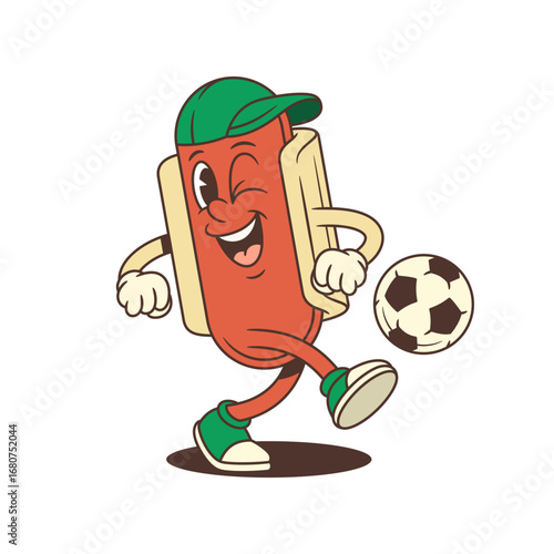 Active hotdog mascot kicks a soccer ball with energy and enthusiasm. Great for sports events, outdoor branding, or energetic promotions. Vector illustration
