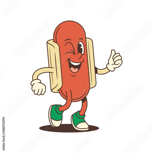 A cheerful hotdog mascot winks and gives a thumbs-up while walking in playful green cap and sneakers. Ideal for casual social events and entertainment marketing. Vector illustration