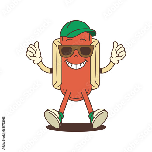 Confident hotdog character wears sunglasses and flashes a thumbs-up with a big grin, embodying fun and laid-back summer style. Ideal for youth marketing, cool promotions or lifestyle ads with attitude