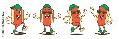 Energetic hotdog mascot poses with bold gestures, winks, peace signs, and stylish sunglasses. Great for fast food branding, digital promos, or playful packaging. Vector illustration