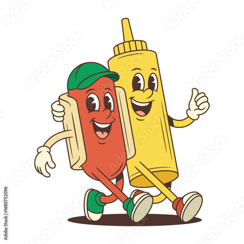 A joyful hotdog mascot standing beside a mustard bottle with thumbs up, symbolizing teamwork and celebration, perfect for food festivals and social gatherings promotion. Vector illustration