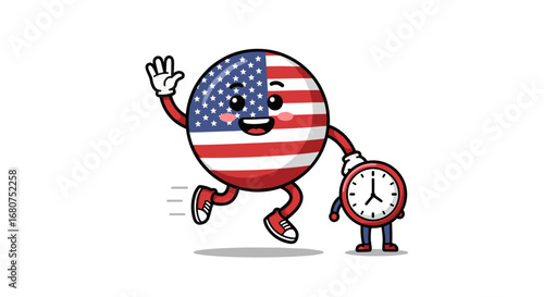 Cute USA flag mascot running with alarm clock
