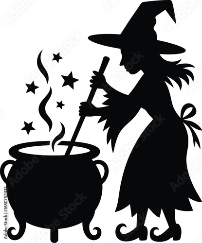 Witch stirring cauldron with stars potion magic
