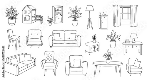 Living room furniture sketch illustration. Interior design, home decor, house furnishing, lounge space, cozy, furniture set, interior objects, home, decoration