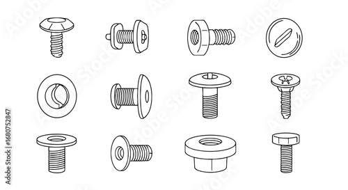 Assorted screws types are drawn. Fastener variety, hardware, bolts, screw heads.