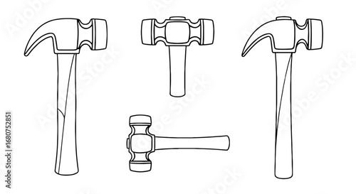 Outlined hammers illustration. Carpentry tools, building construction, blacksmith implements, hand instruments, repair, renovation, workshop, industry equipment.