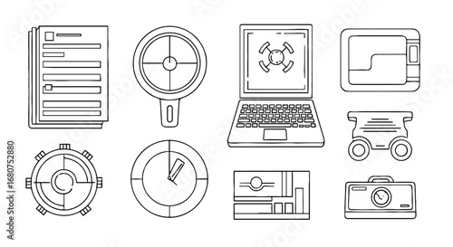 Office gear line icons. Documents, analytics, laptop, wallet. Business, gear, technology, work, office, documents, analytics, strategy.