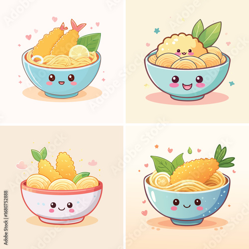 Tempura Udon pastel kawaii characters combined, bright and soft vector artwork.