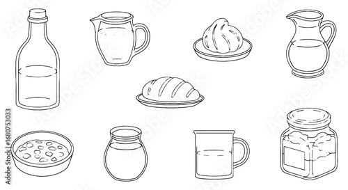 Still life of various food and liquid containers. Food, drink, bread, snacks, water, oil, container, jar, bottle, milk, cooking, baking, ingredients, nutrition, meal.