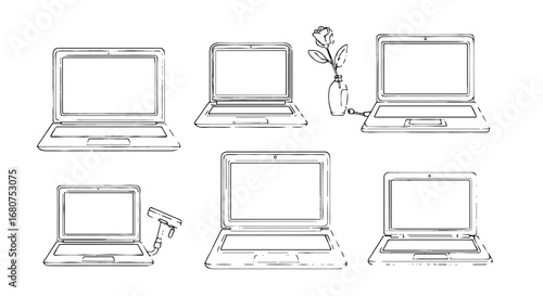 Laptops displayed with accessories. Modern technology, connectivity, digital device, portable computing, wireless internet, business tools, online communication, data processing.