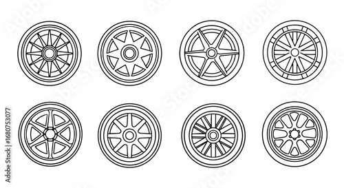 Wheels set with various designs. Transportation, auto, rim, vehicle, car, tire, wheel, round, pattern, style, automobile.