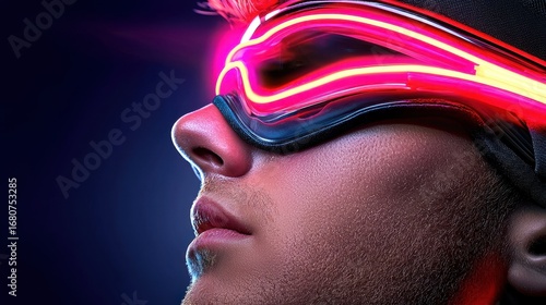 Close up profile view of a person wearing neon pink and red futuristic goggles, face speckled with glittering particles against a dark blue