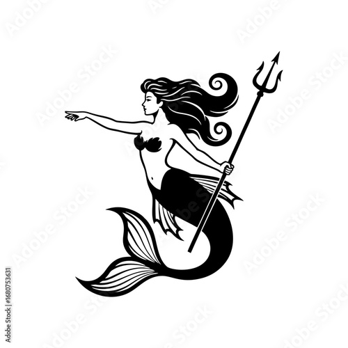 Mythical Mermaid Warrior Pointing with Trident Vector Silhouette