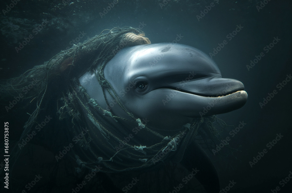 Fototapeta premium Dolphin Trapped and Tangled in Plastic Debris and a Fishing Net