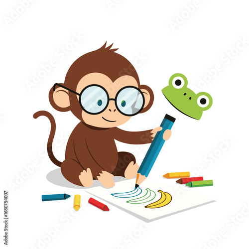 Cute monkey character wearing glasses drawing with pencil frog hat crayon art activity fun learning