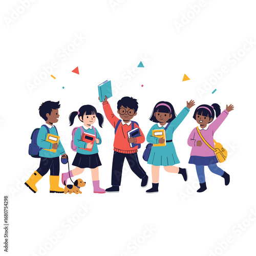 Diverse group of happy cheerful children returning to school with books and backpacks celebrating new beginning
