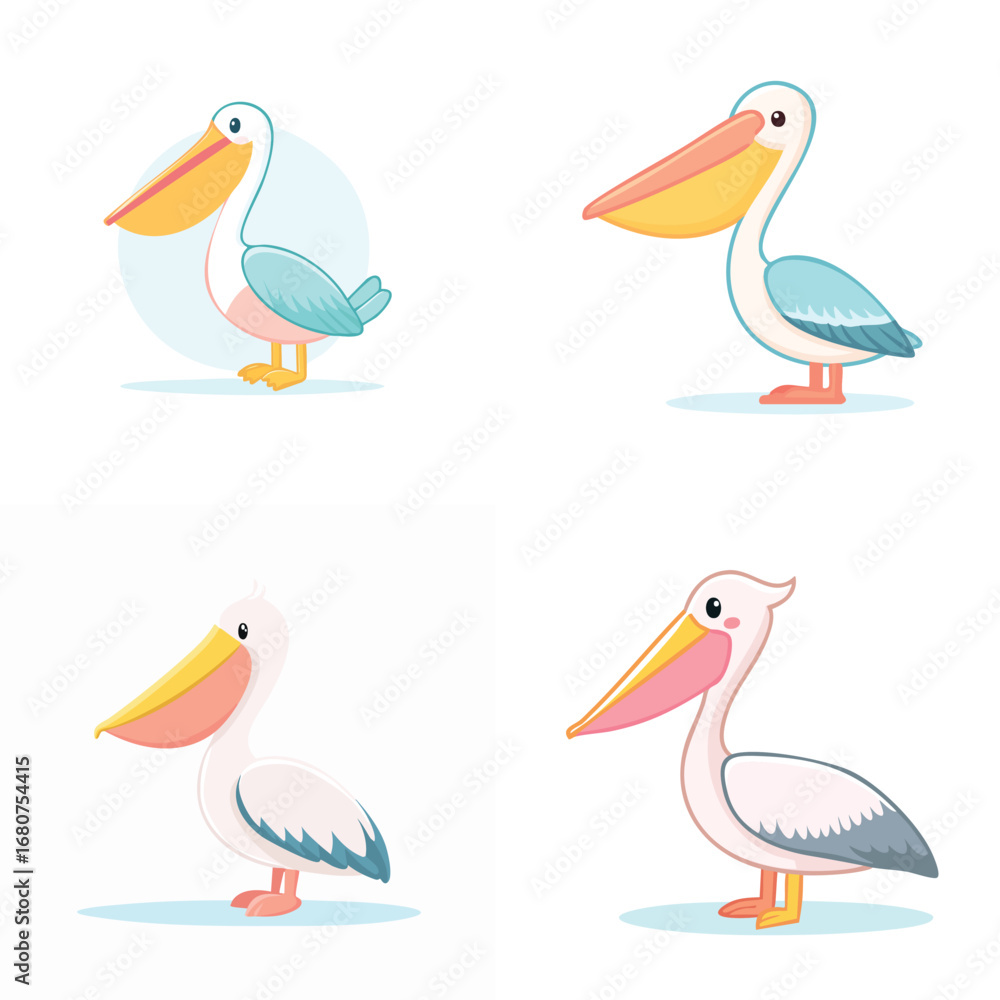 Obraz premium Pelican cute pastel cartoon ensemble, lively vector illustration, cheerful expressions.