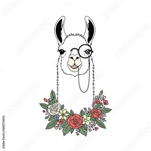 Chic llama wearing a monocle and adorned with a beautiful floral wreath