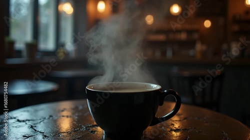 Steaming cup of coffee creates relaxing atmosphere on wooden table with vintage cafe background.
