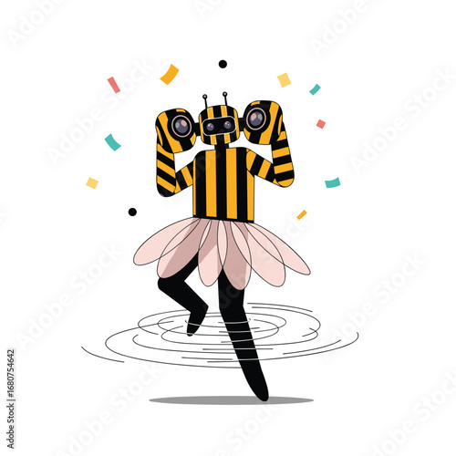 Dancing bee character in a tutu with cameras for hands celebrating with confetti