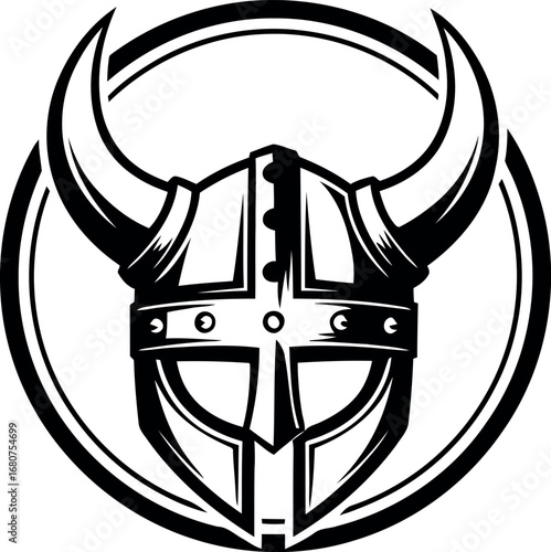 Viking helmet with horns and a cross symbol in a circle logo illustration, black and white mythological Norse warrior headgear vector design.