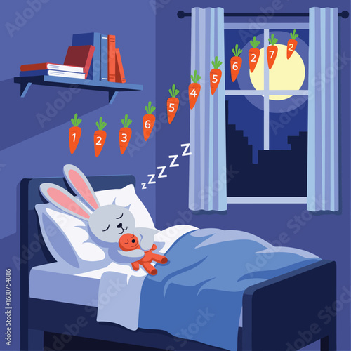 Counting carrots little bunny sleeping peaceful night dreamy moonlit sky cute storybook illustration for kids