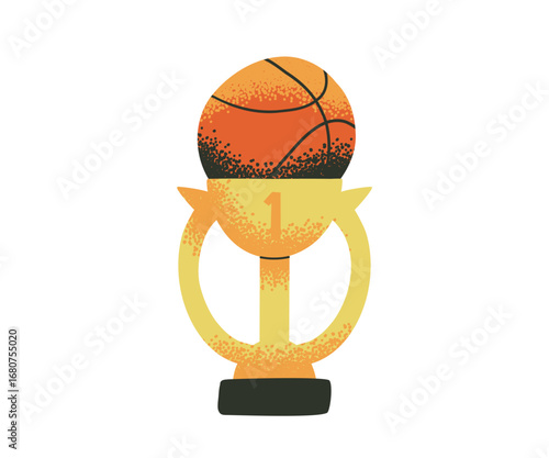 Basketball sport trophy ball doodle in cartoon retro style with flat groovy design for competition and game. Trophy illustration for championship or winner award by player and team