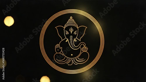 Golden Ganesh Chaturthi logo on a black background with bokeh lights
