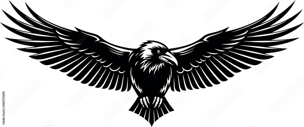 Obraz premium Majestic black raven or crow, a mystical and powerful winged predator with its wings spread wide in an aggressive and menacing pose, a captivating vector illustration.