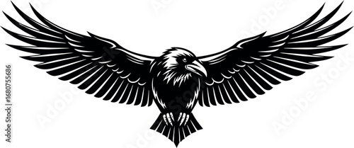 Majestic black raven or crow, a mystical and powerful winged predator with its wings spread wide in an aggressive and menacing pose, a captivating vector illustration.