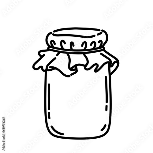 Hand drawn doodle of jar with cloth cover, perfect for jam, honey, or preserves. Black and white outline food storage illustration. Minimalist jar icon line art outline illustration.