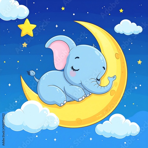 A charming baby elephant rests peacefully on a crescent moon, adorned with stars and clouds, in a serene night sky.
