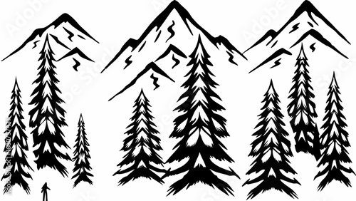 Majestic mountain peaks rise above a dense forest of evergreen trees, evoking wilderness adventure and nature's grandeur.