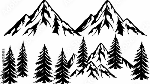 Dramatic black silhouette mountains and evergreen trees create an adventurous, wild natural landscape scene