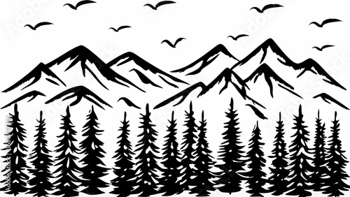 Serene mountain range with silhouette pine trees and soaring birds evokes peaceful adventure and natural beauty