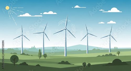 Illustration of wind turbines in a green field, generating renewable energy from wind power, a sustainable solution