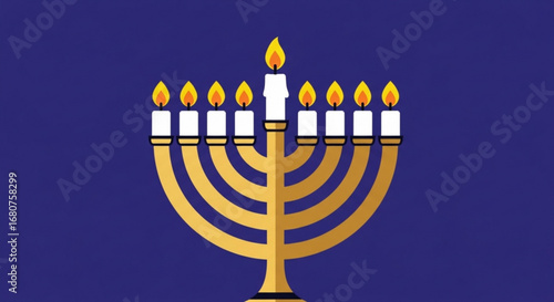 Hanukkah menorah with nine candles lit on a blue background, celebrating the jewish festival of lights