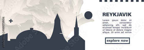 Reykjavik, Iceland city banner with skyline, cityscape, landmarks. Horizontal travel vector illustration layout for website, page, presentation, header, footer