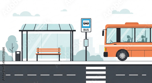Illustration of a bus stop with a bus, shelter, bench, and sign in the city