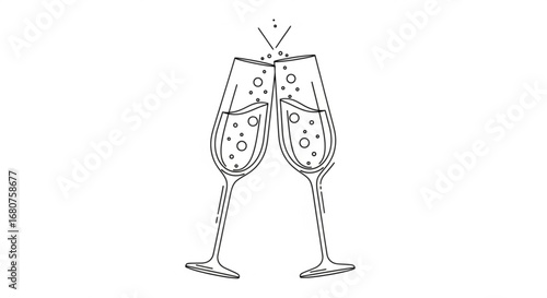 Elegant line art illustration of two champagne glasses toasting, , perfect for celebratory designs