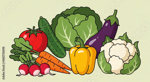 Illustration of fresh vegetables like tomato, cucumber, cabbage, eggplant, carrot, pepper, cauliflower