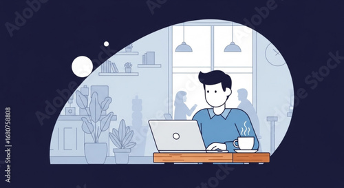 Man working on laptop in cafe with coffee cup and window background, flat vector illustration