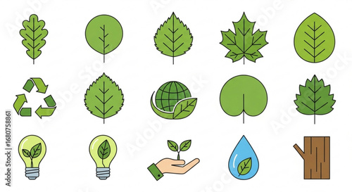 Set of green leaves and ecology icons, flat vector illustration