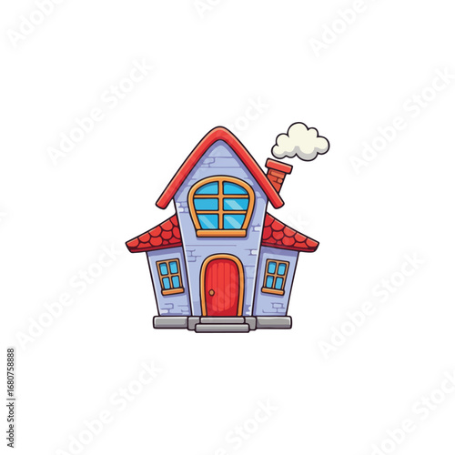 Cartoon illustration of a charming, small house with a red roof, blue walls, a curved window, and smoke coming from the chimney.