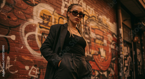 Fashion influencer posing against a colorful wall with sunglasses
