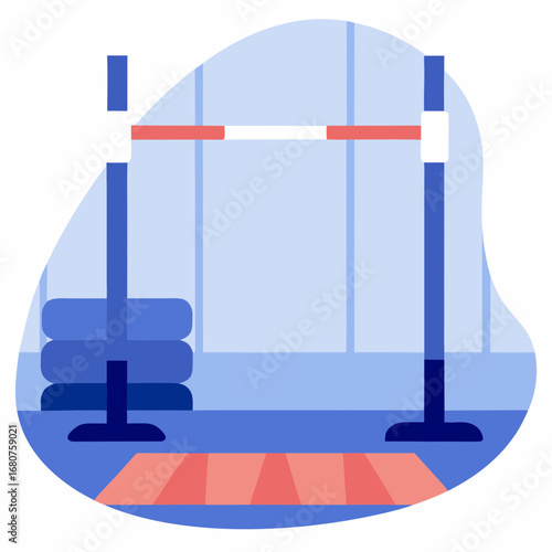 Pole vault bar equipment in blue gym interior with mats 
