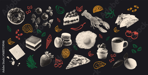 Mediterranean halftone collage elements set. Doodle scribbles collection. Italian food pizza, tomato, lemon, lobster, cheese, sweets. Dolce vita aesthetics. Modern retro grunge vector illustration.