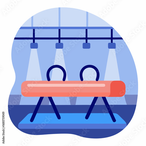 Pommel horse in gym with lights and blue background  
