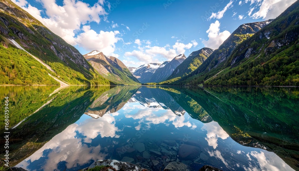 Fototapeta premium Mirror Lake of Eternity Reflections of Mountains and Endless Sky