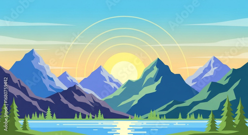 Scenic mountain landscape with lake, trees, and a vibrant sunrise, perfect for nature and travel themes